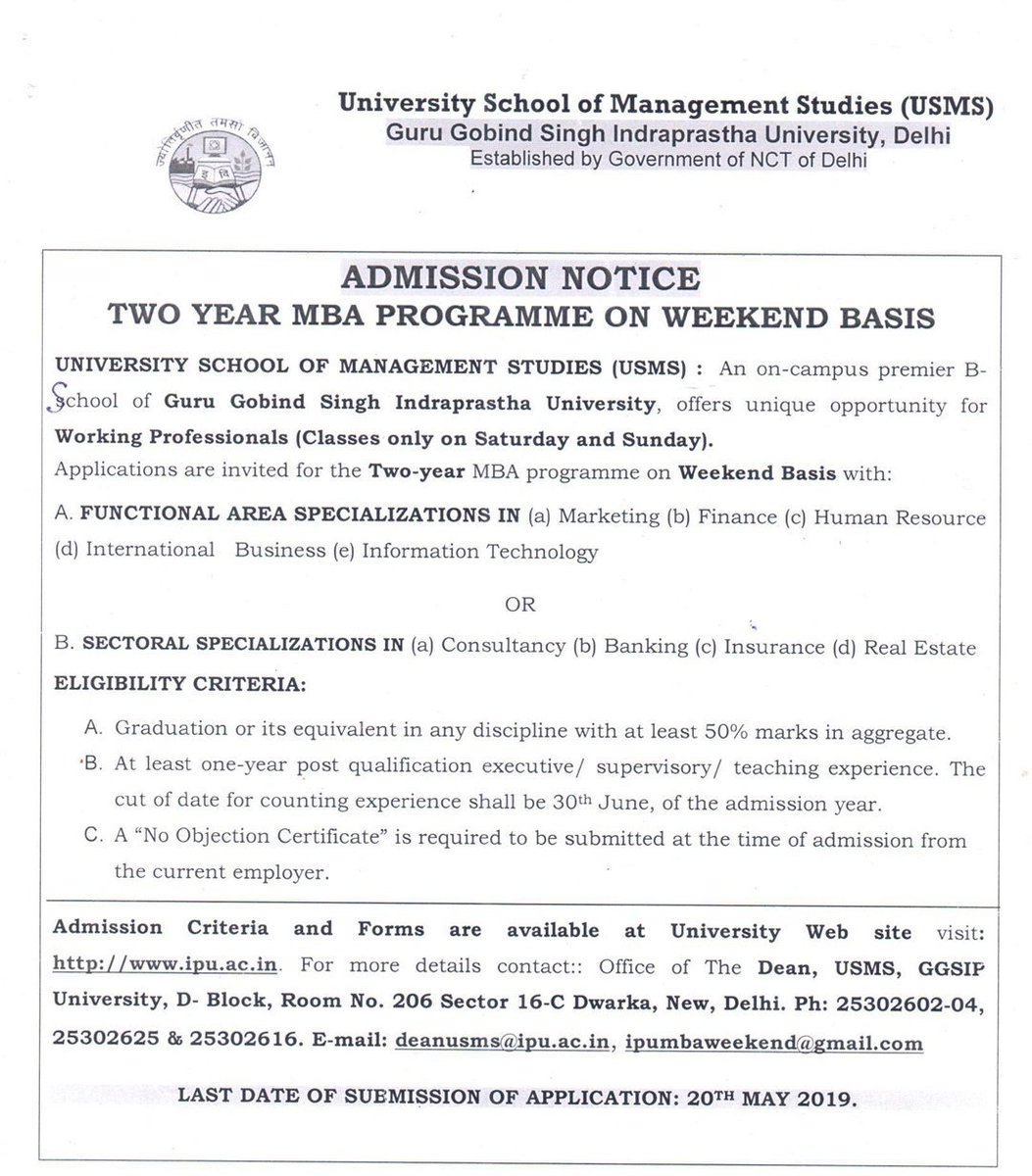 Usms Ggsipu Delhi Usms Ggs Indraprastha University Invites Application From Working Professionals For Mba Program On Weekend Basis T Co Hzdjkehzmy