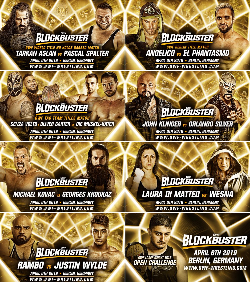 ONE WEEK 'TIL BLOCKBUSTER! @TarkanLionKing v @pascalspalter - @AngelicoAAA v @elpwrestling - @SenzaVoltoReal/@olivercarterGH v #MuskelKater - @Lost_Rebel_BB v @GwfSilver - @Laura_DiMatteo1 v @WesnaGWF - @RamboWrestling v @Justin_Wylde1 and more! Tickets: gwf.tickettoaster.de