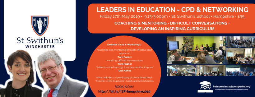 A #CPD event for educators <a href="/StSwithunsGirls/">St Swithun's School</a> #Winchester 17th May 2019. Sessions on appraisal, mentoring, difficult conversations &amp; creating an inspiring curriculum. Only £35 &amp; includes lunch and a signed copy of <a href="/lisajaneashes/">Lisa Jane Ashes</a> new book! bit.ly/ISPHampshire20… #edchat #sltchat
