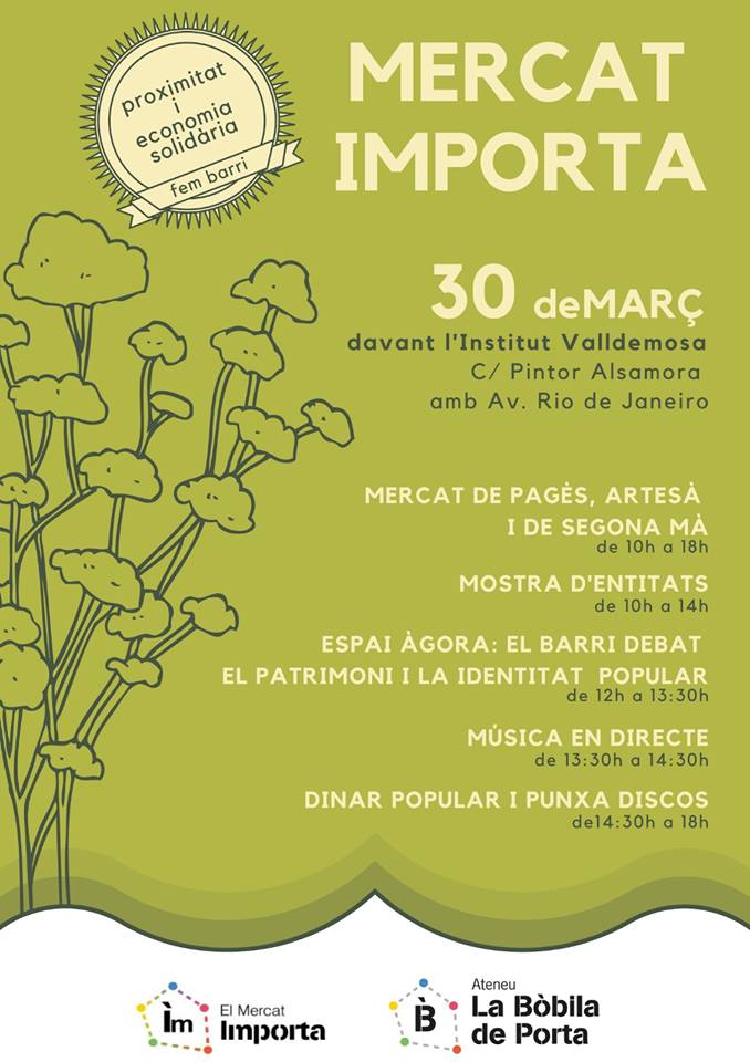 En marxa des de les 10 h una nova edició del #MercatImporta, amb nova ubicació! Veniu davant l'Institut Valldemossa a voltar per les parades, participar del debat i gaudir amb l'espectacle de titelles, el dinar popular, la música de <a href="/XeRoots_Music/">Xe</a> i molt més. #Porta #NouBarris