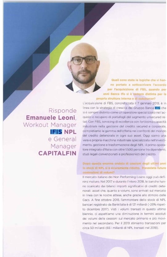BancaIfis's tweet photo. .@CreditVillageCV #magazine ha intervistato @emanuele_leoni sul #futuro del mercato #NPL e sull'acquisizione di FBS, che ha permesso al Gruppo Banca IFIS di diventare "il primo operatore integrato d'Italia con oltre 1.500 persone". Leggi l'intervista. #30Marzo https://t.co/On4iP8JPSE