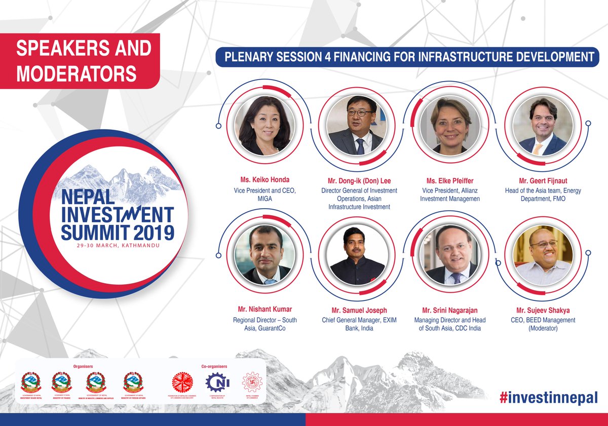 investinnepal19's tweet photo. Plenary Session 4 on Financing for Infrastructure Development will brings financiers and insurers from around the globe to discuss project financing prospects in #Nepal @investinnepal19 

#investinnepal https://t.co/qX1BT05Mah