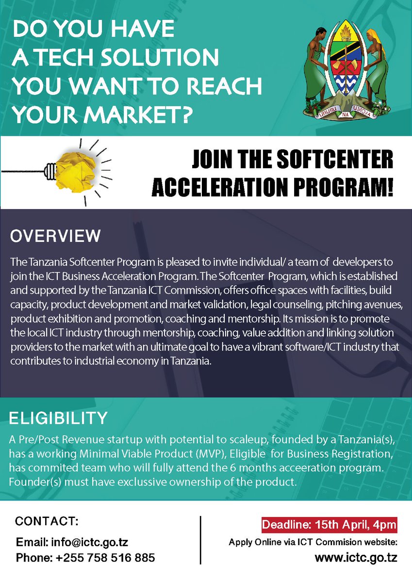 TDCTanzania's tweet photo. APPLY TODAY! #Innovators #Startups #Tech 

@ict_commission SoftCenter Acceleration Program!! 

Apply via: https://t.co/e7tyLXwDms 

@forLoopTanzania @SmartLab255 @VenturesSahara @costechTANZANIA @255Hub @appsandgirls @BuniDivaz @bunihub @WizaraUUM @FSDTanzania https://t.co/MkONEfQFtA