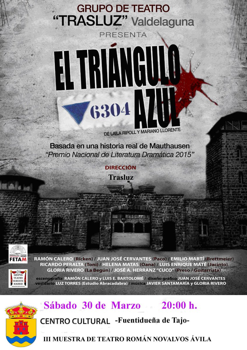GteatroSureste's tweet photo. Y hoy sábado tremenda representación de grupo #Trasluz de #Valdelaguna en la Muestra de #Teatro de #Fuentidueña.
"El Triángulo Azul".
Por qué no hay que olvidar ...🎭🎭🎭🎭 https://t.co/AkNiP6Ds4L