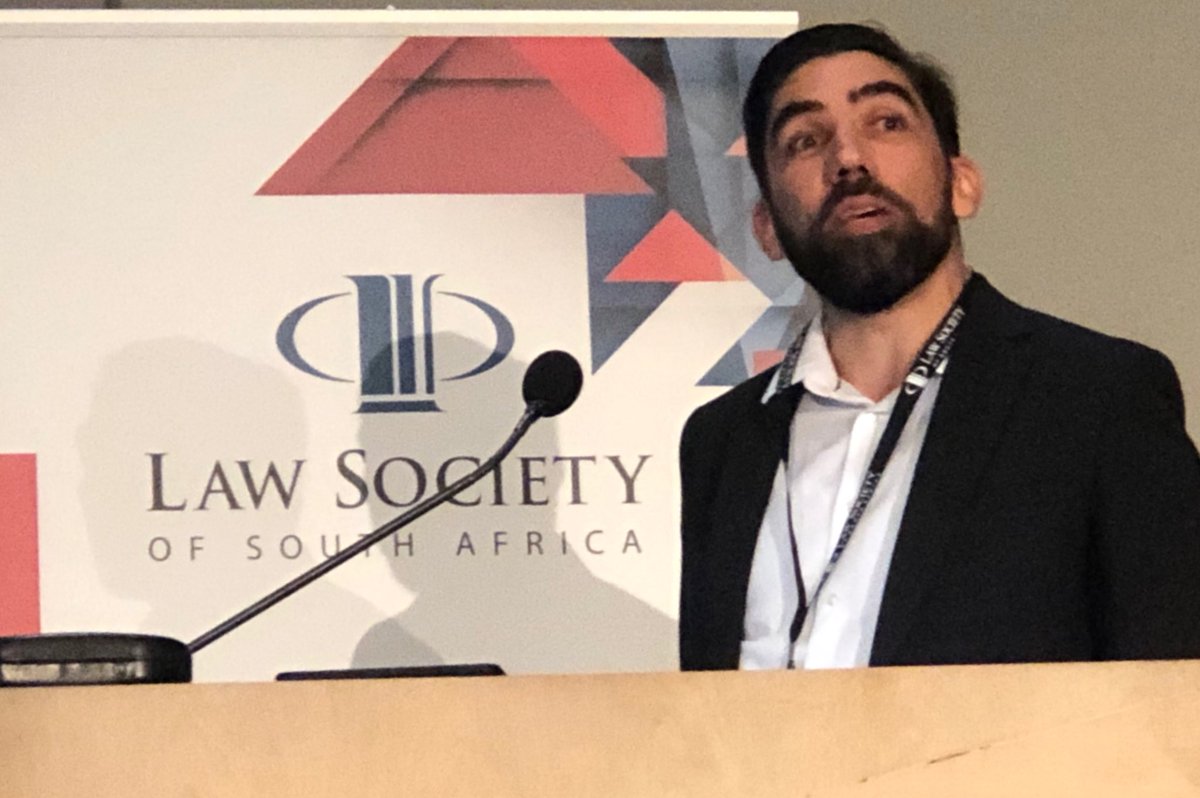 LawSociety_SA's tweet photo. Johannesburg attorney Lucien Pierce addressing cyber risk and cyber security at #LSSA19. https://t.co/xw1n5gyelM