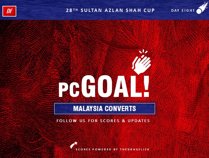 thedragflick's tweet photo. 🏆Sultan Azlan Shah Cup 2019 | Bronze Medal Match | #MASvsCAN | #DFLive
Q2 : 23' PC earned! PC converted! Malaysia equalises through Nik Aiman Rozemi
It's Malaysia 1 - Canada 1
Follow us for updates and scores!
#ASC2019 | #SASCUP2019
#SultanAzlanShahCup2019 https://t.co/agIahr6gQl