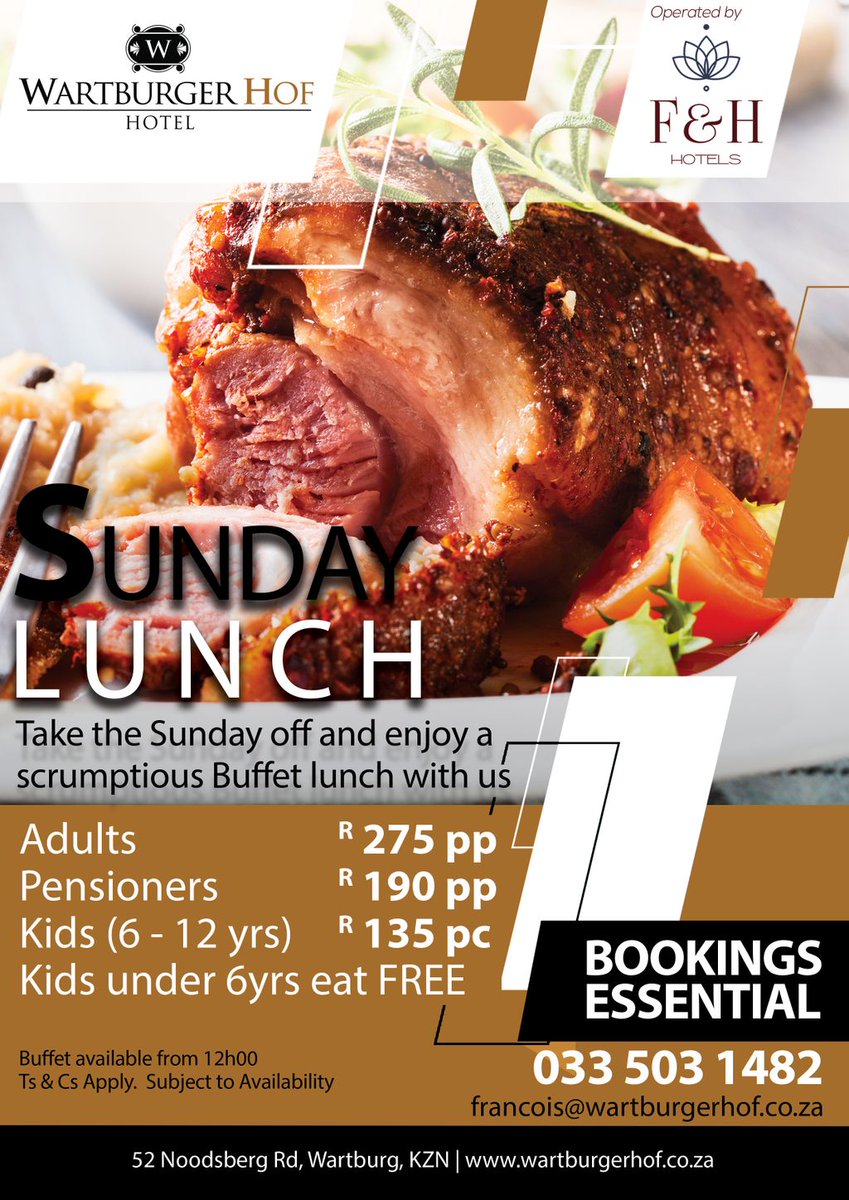 WartburgerHof's tweet photo. Don’t forget about our Sunday Lunch tomorrow.  Enjoy a Buffet Lunch at Wartburger Hof Hotel. 

BOOKINGS ESSENTIAL | T: 033 503 1482 | E: francois@wartburgerhof.co.za
-
-
#SundayLunch #Spit #Sundays #MomsFood #WellAlmost #FamilyDay #Wartburg #WartburgerHof https://t.co/CIONYhzLXW
