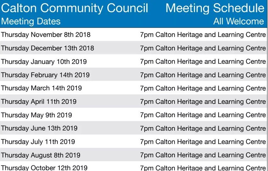 Attached is the list of dates for all Calton Community Council meetings until October 2019. All meetings are held in the Calton Heritage and Learning Centre, 423 London Road. Please feel free to come along. We look forward to seeing you there!