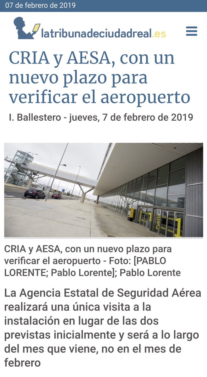⭕️ Febrero 2019: #hemeroteca y el #aeropuerto #CiudadReal. Fin de marzo, ¿Que sabemos de las verificaciónes del aeropuerto?¿Nadie les pregunta por desconocimiento de la materia? Respuesta se esperan hasta abril hasta después de las elecciónes ...
