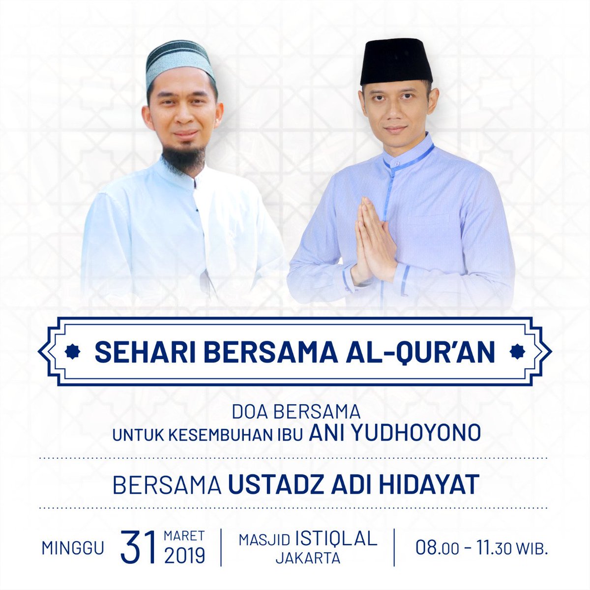 Besok pagi, Minggu tanggal 31 Maret 2019,  AHY tidak melaksanakan kampanye nasional. AHY akan menghadiri undangan doa bersama untuk kesembuhan Ibu Ani di Mesjid Istiqlal bersama ustad Adi Hidayat.