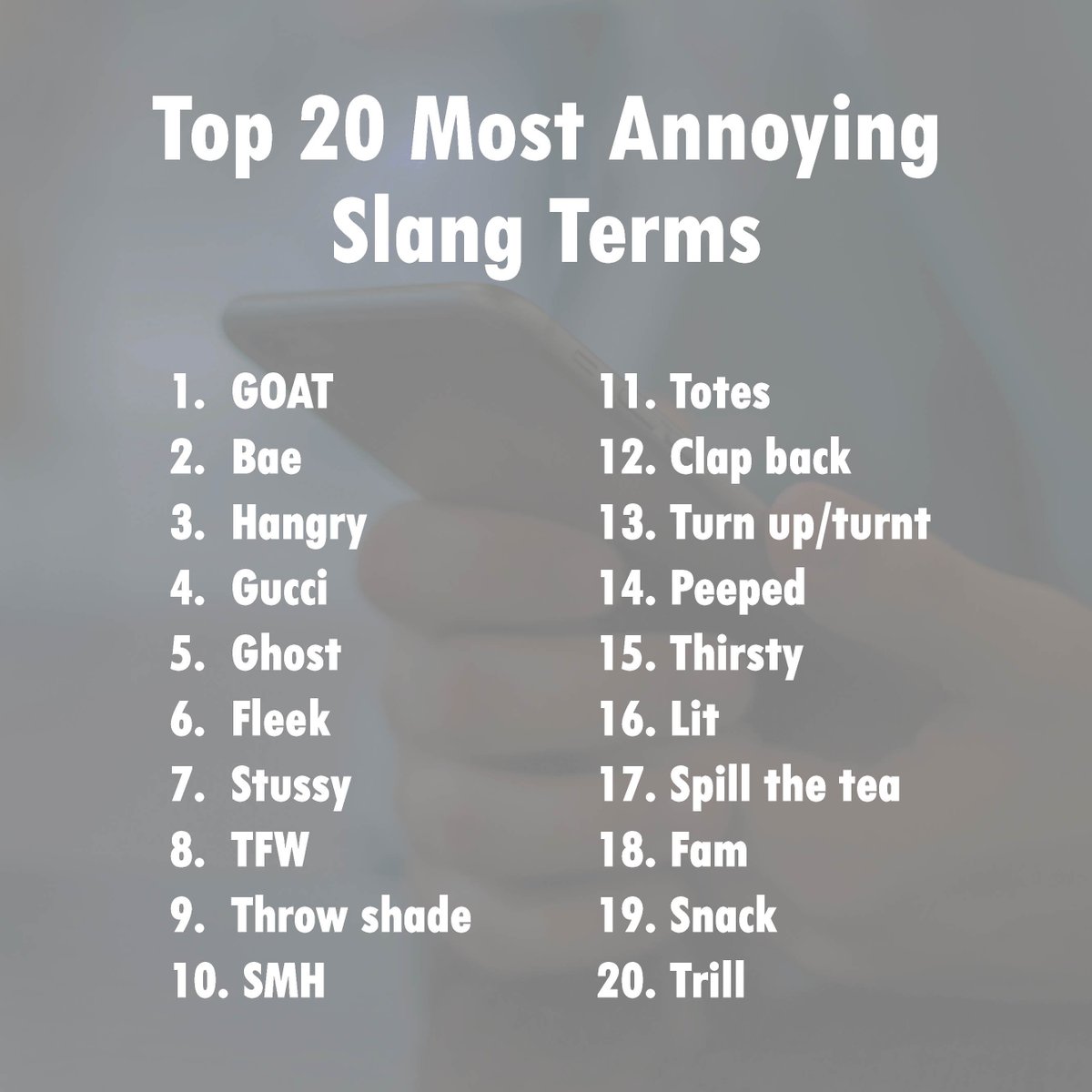Zware vrachtwagen ondernemen pepermunt FOX 29 på Twitter: "HOW MANY DO YOU USE? According to a survey of 2,000  Americans, these are the most annoying slang words people use. 🤔  https://t.co/y85MdpZKLn" / Twitter