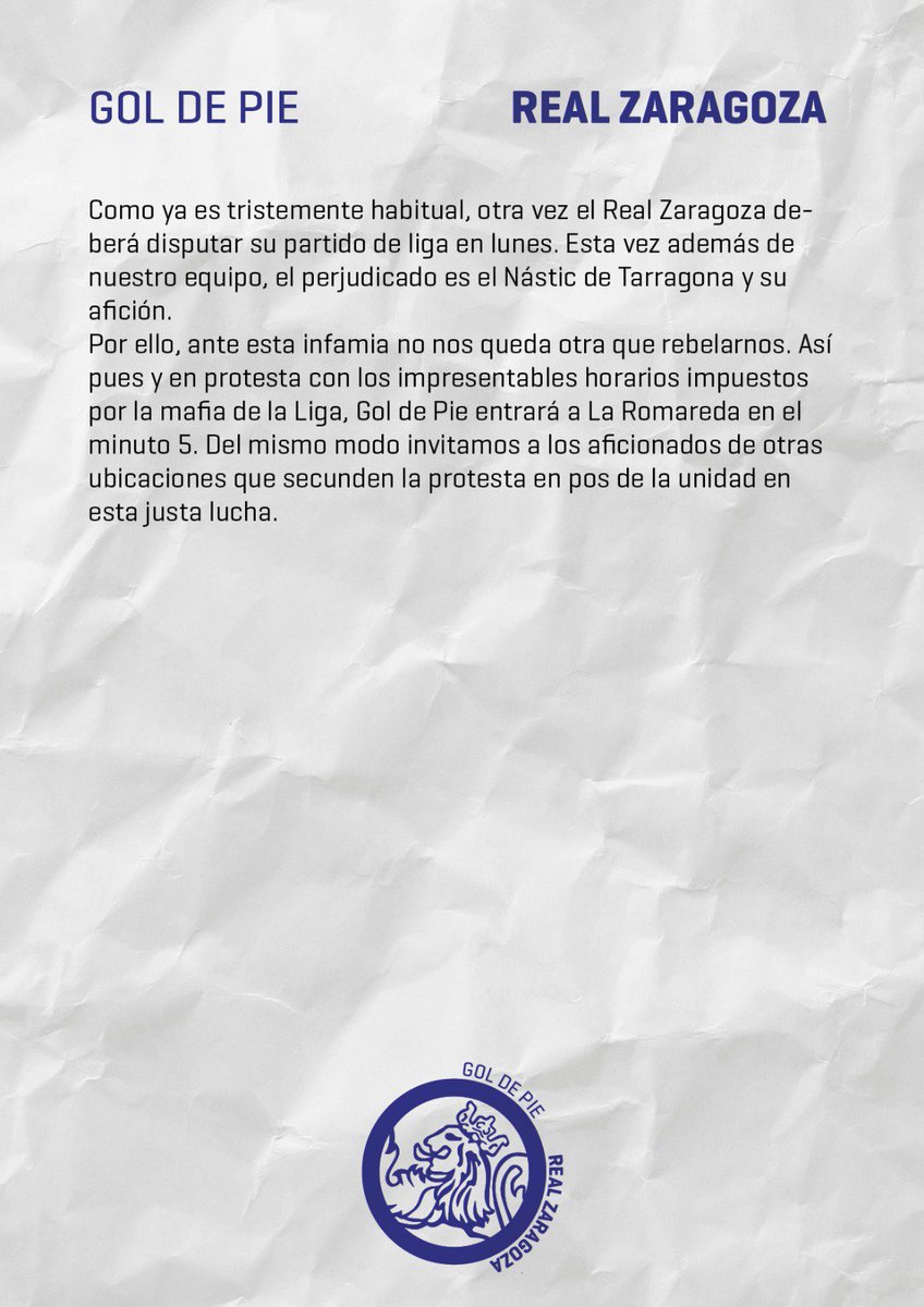 gol_pie's tweet photo. Todos unidos contra estos horarios infames. Hasta el minuto 5, vaciemos La Romareda. https://t.co/FtujyOxlyI