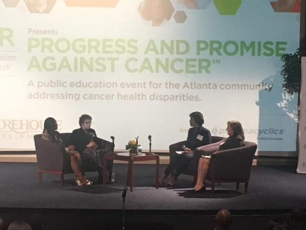 AACR's tweet photo. #ProgressandPromise Last panel of the day: Reducing Your Risk of Cancer, hosted Leah Fleming, Susan Gapstur, PhD, MPH, Kimlin Tam Ashing, PhD, @cityofhope, Electra Paskett, PhD, @OhioState. #AACR19 https://t.co/84O9zvPdgl