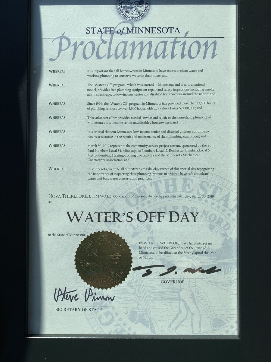 MNWatersOff's tweet photo. Thank You @GovTimWalz for Proclaiming March 30, 2019 as Water’s Off Day in Minnesota! https://t.co/MKyyybGNnn