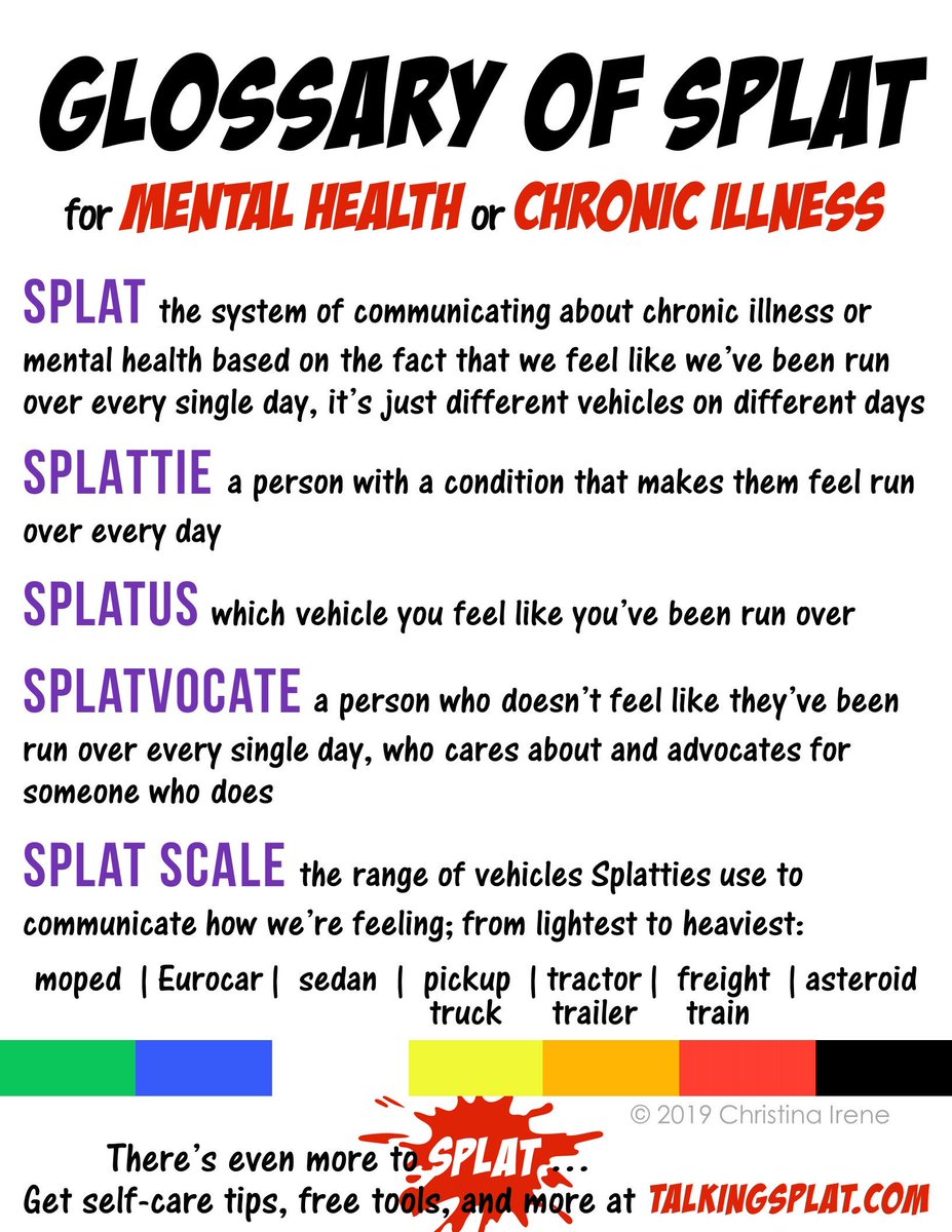 wordsofCIrene's tweet photo. I made a new #Splat graphic for my #Splattie pals. This and the original are now on my web page in PDF form for download. Let's get the world #TalkingSplat!! https://t.co/IlpzEpHOGY
#spoonie #chronicillness #invisibledisabilities #mentalhealth #abledsareweird https://t.co/5CSPpi3tch