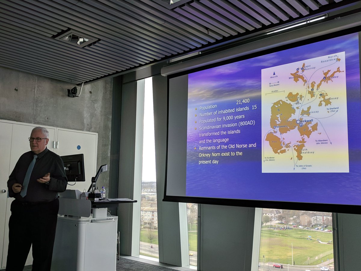 EneidaLinguist's tweet photo. Dr Tom Rendall presenting on 'How the demographic changes in the Orkney Islands have affected the culture and identity of the dialect speakers' @LangConf_Abdn #abdnlangidentity2019 #Orkney #Norse #culture #identity https://t.co/YYt5IpXJGr