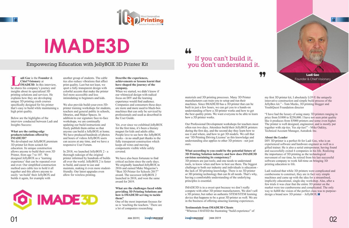 insightssuccess's tweet image. #LadiGoc Founder &amp;amp; Chief Visionary at @yesIMADE3D . In this interview, he shares his company’s journey and insights about its specialized 3D printing solutions and services. 

#3DPrintingSolutions #3DPrintingservices #3DPrinterKit #JellyBOX3DPrinter bit.ly/2uxO5PG