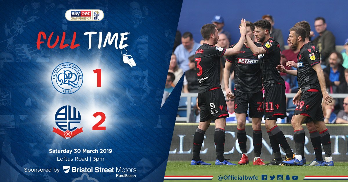 OfficialBWFC's tweet photo. Full-Time: @QPR 1-2 Wanderers

It's a superb away victory here at Loftus Road for Phil Parkinson's men. An excellent performance and three well deserved points. Get in there! 💪🏻

#BWFC 🐘🏰 https://t.co/FnqLVLRFuq