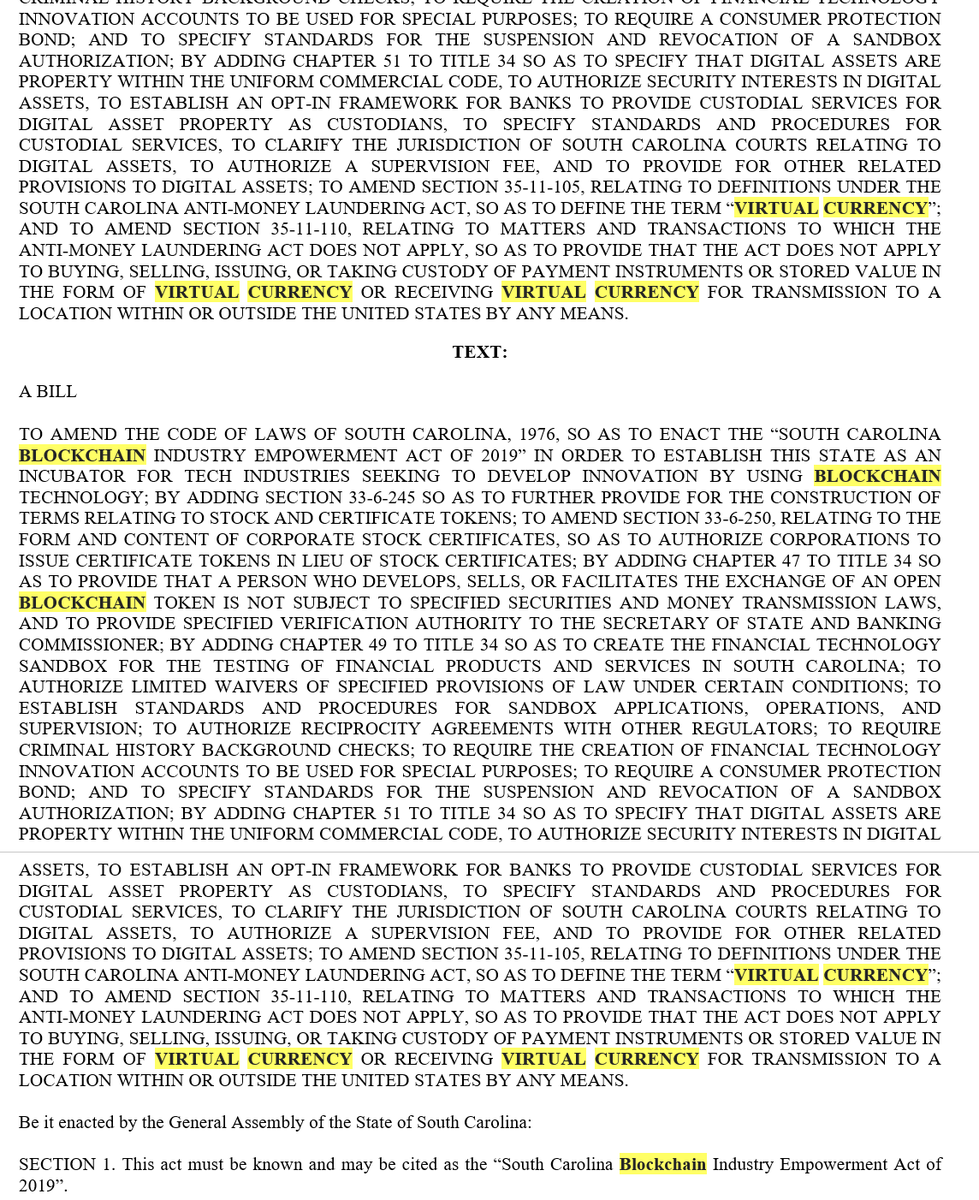 propelforward's tweet photo. #SouthCarolina HB 4351, the "SOUTH CAROLINA #BLOCKCHAIN INDUSTRY EMPOWERMENT ACT OF 2019" is the friendliest batch of pro-#virtualcurrency laws in a single incredibly long title (seriously, check that out): seeks to "ESTABLISH THIS STATE AS AN INCUBATOR FOR TECH INDUSTRIES 1/4 https://t.co/0STX79HMEJ