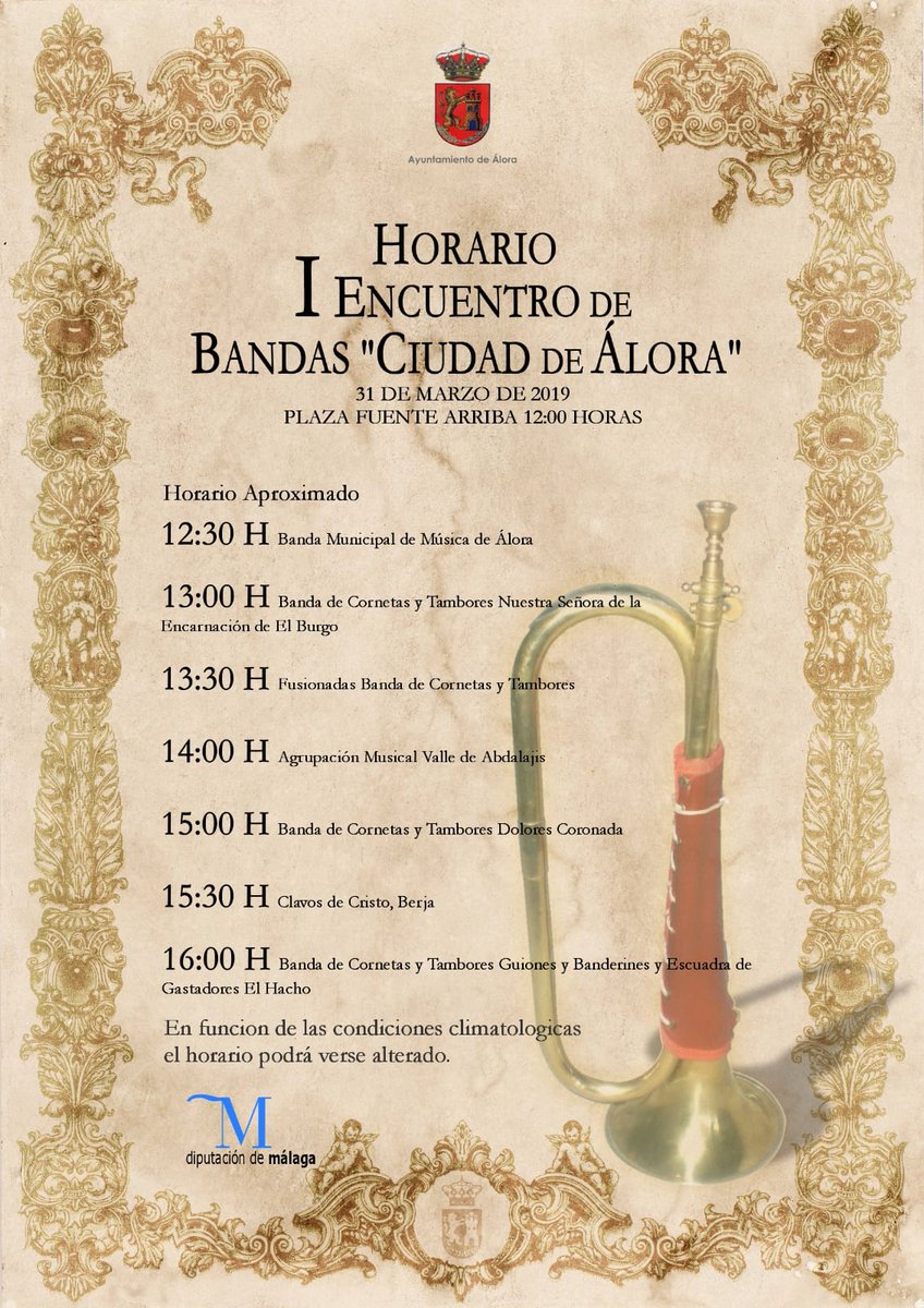 Seguimos con nuestros compromisos musicales, este fin de semana viajaremos hasta la ciudad malagueña de Álora para participar en el  I encuentro de bandas "Ciudad de Álora". Os esperamos! #ClavosdeCristo