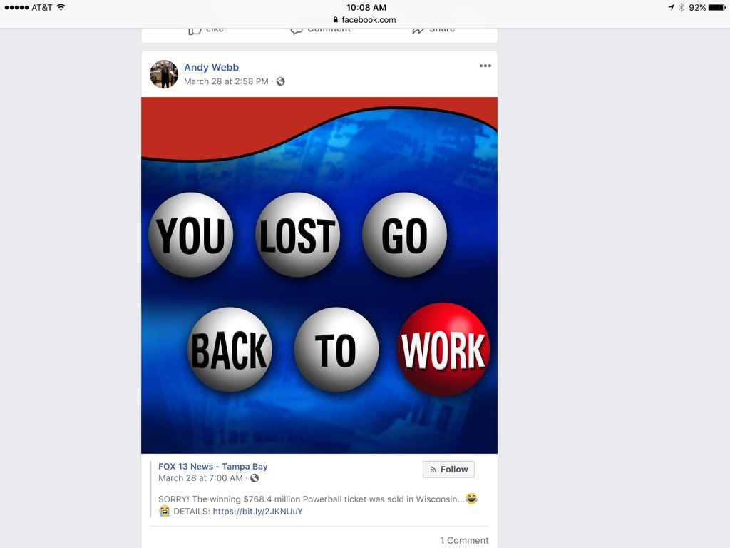 KashNorthside's tweet image. Andy Webb has words of advice for those in the Northside Lotto Pool aka @KashNorthside #Loser #PatricksFault #noBIGmoney #powerball #lotto #patrickRosselli
