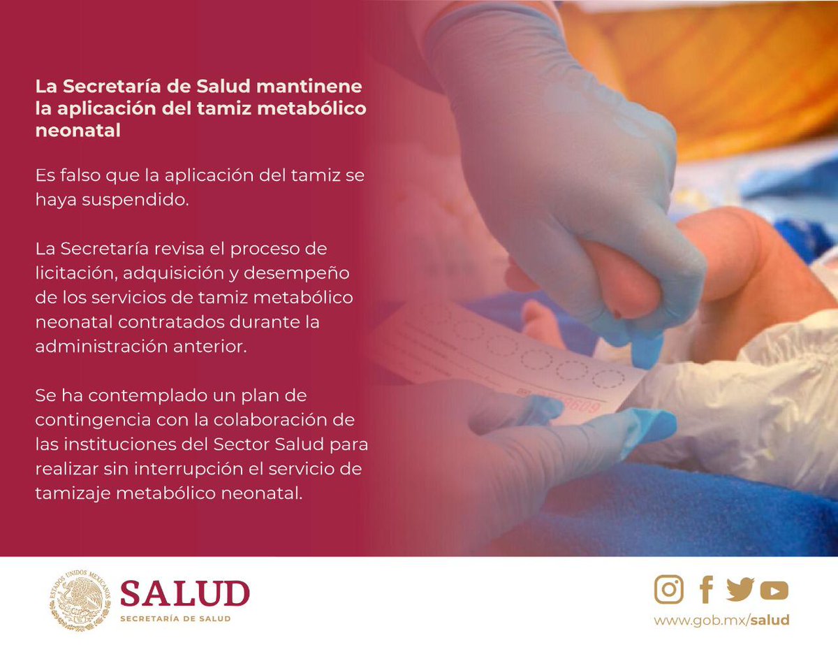 SSalud_mx's tweet image. La Secretaría de Salud mantinene la aplicación del tamiz metabólico neonatal ⤵️