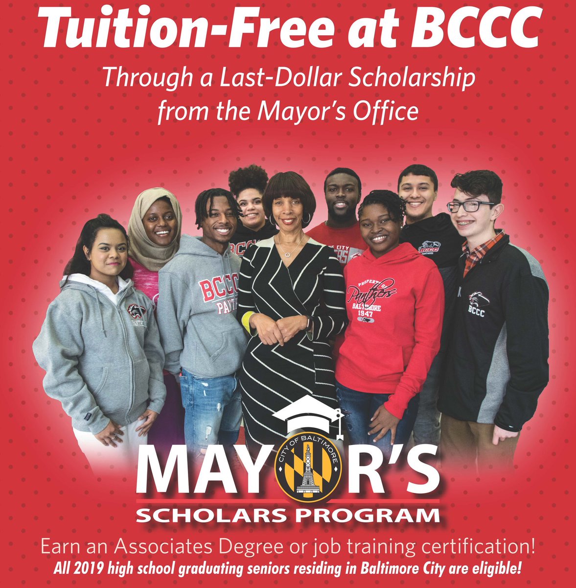 Mayor Catherine Pugh (@mayorpugh50) on Twitter photo The Mayor’s Scholars Program allows eligible high school graduates in Baltimore City to attend BCCC tuition-free. This partnership with <a href="/my_bccc/">My_BCCC</a> & <a href="/BaltCitySchools/">Baltimore City Public Schools</a> is an exciting opportunity for our youth! Apps are due by 4/20. For more info visit bccc.com The Mayor’s Scholars Program allows eligible high school graduates in Baltimore City to attend BCCC tuition-free. This partnership with <a href="/my_bccc/">My_BCCC</a> & <a href="/BaltCitySchools/">Baltimore City Public Schools</a> is an exciting opportunity for our youth! Apps are due by 4/20. For more info visit bccc.com