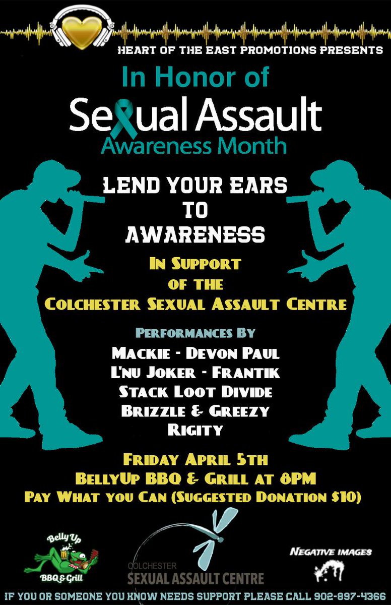 Friday Night!!!
The Colchester Sexual Assault Centre Benefit is going down at BellyUp BBQ &amp; Grill!
Pay What You Can($10 suggested)! All money raised goes to the Colchester Sexual Assault Centre!!!
#MeToo #IAsk #NoMeansNo #community #fundraiser #HipHopMusic #EndVictimShaming