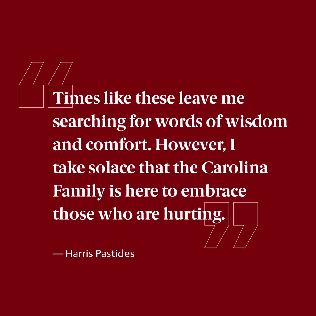 UofSC's tweet image. It’s been an incredibly difficult week for our community. Read @HarrisPastides latest letter to @UofSCstudents: uof.sc/2HP0IhQ