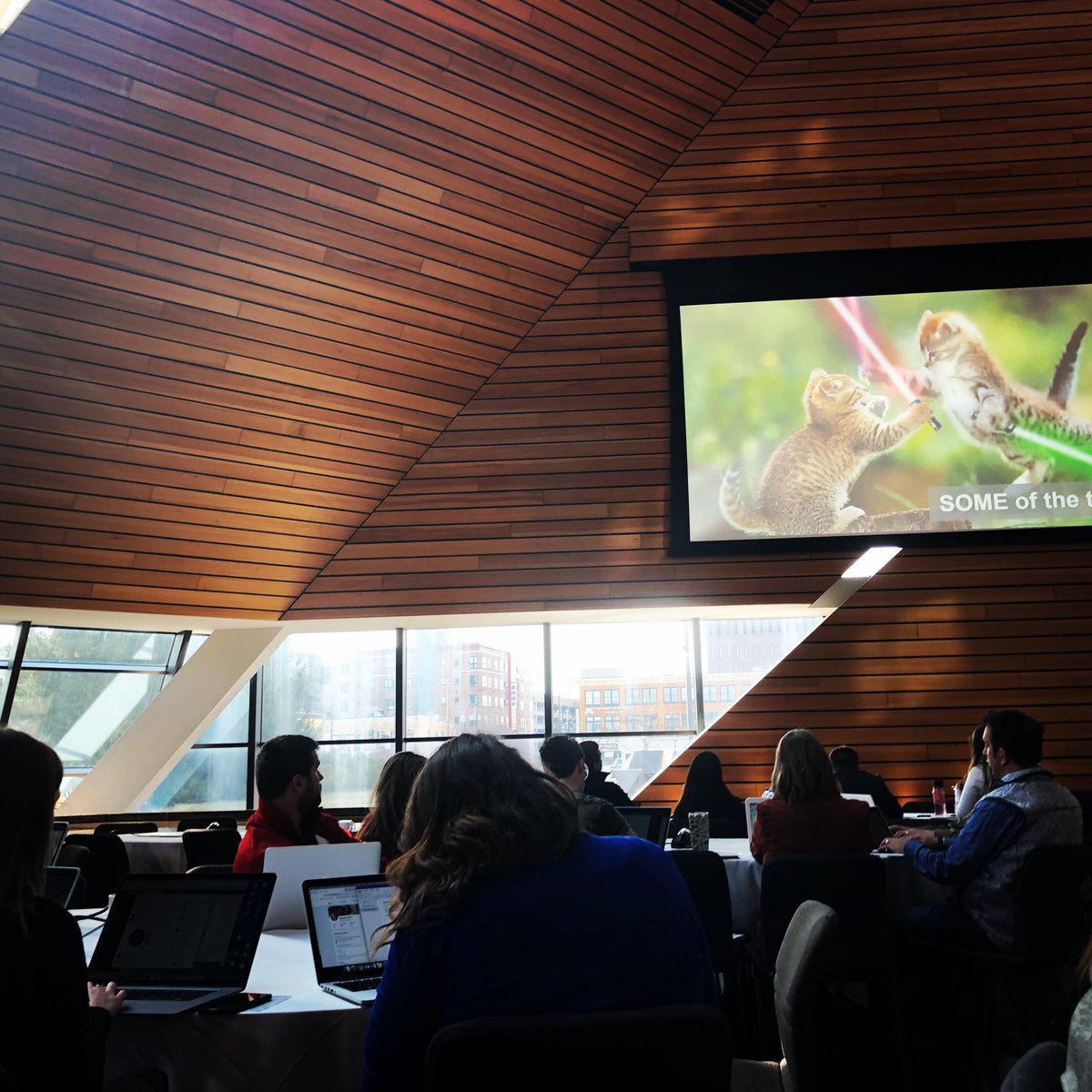 kevinquinlan's tweet photo. Sometimes even when you go to college, and graduate from college, and then go back to college later to learn even more stuff, you still just wanna see stuff like cats fighting w lightsabers. @goldasich content marketing ftw @DigitalSummits #EVMPLS https://t.co/q4r1YK98m8