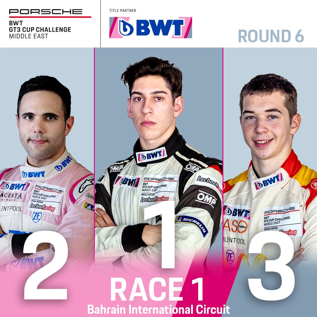 LechnerRacing's tweet photo. #GT3CCME - Top three of Race 1 @BAH_Int_Circuit!
P1 - @Berkaybesler
P2 - @DylanPereiraLu
P3 - #JeanBaptisteSimmenauer
#Porsche #BWT #GT3CCME #LechnerRacing #BahrainGP https://t.co/ZwDdA7B5FD