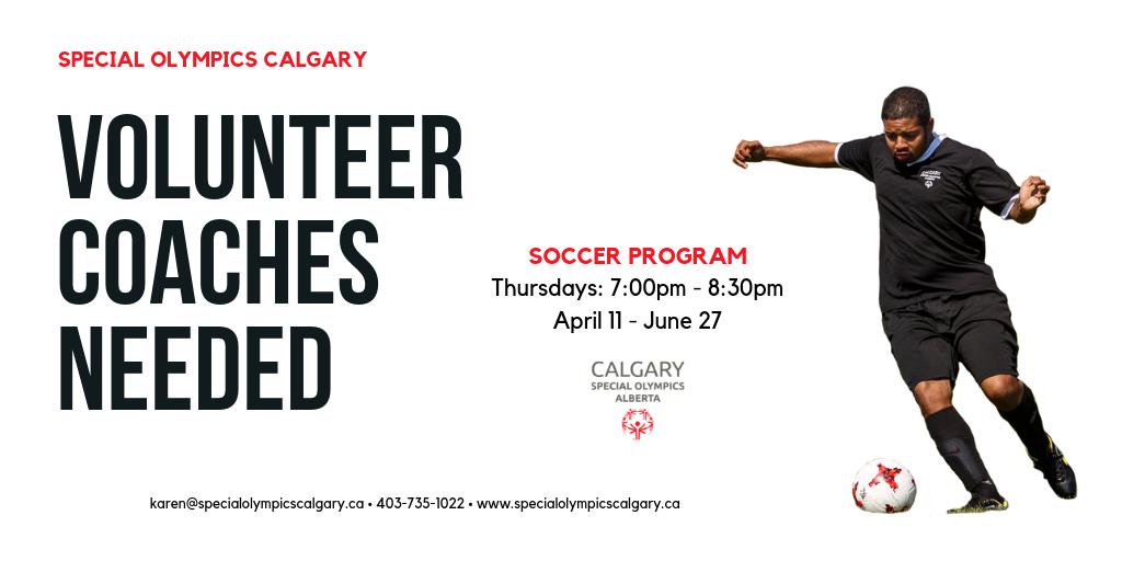 SpecialOCalgary's tweet photo. We are looking for #volunteers to help coach our #SpecialOlympics athletes in soccer this spring on Thursday evenings from April - June.

Contact our office if you can help! Thanks #YYC https://t.co/EyksaDiSMi