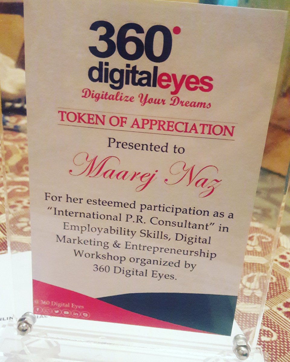 MaarejNaz's tweet photo. A very auspicious moment for me
It’s was a great honour for me to take a Token of Appreciation I am truly obliged for this great honour and recognition as a Workshop #Moderator or #PRConsultant 
Organized by #360digitaleyesIBAKarachiUniversity https://t.co/lNMZaRyiOW