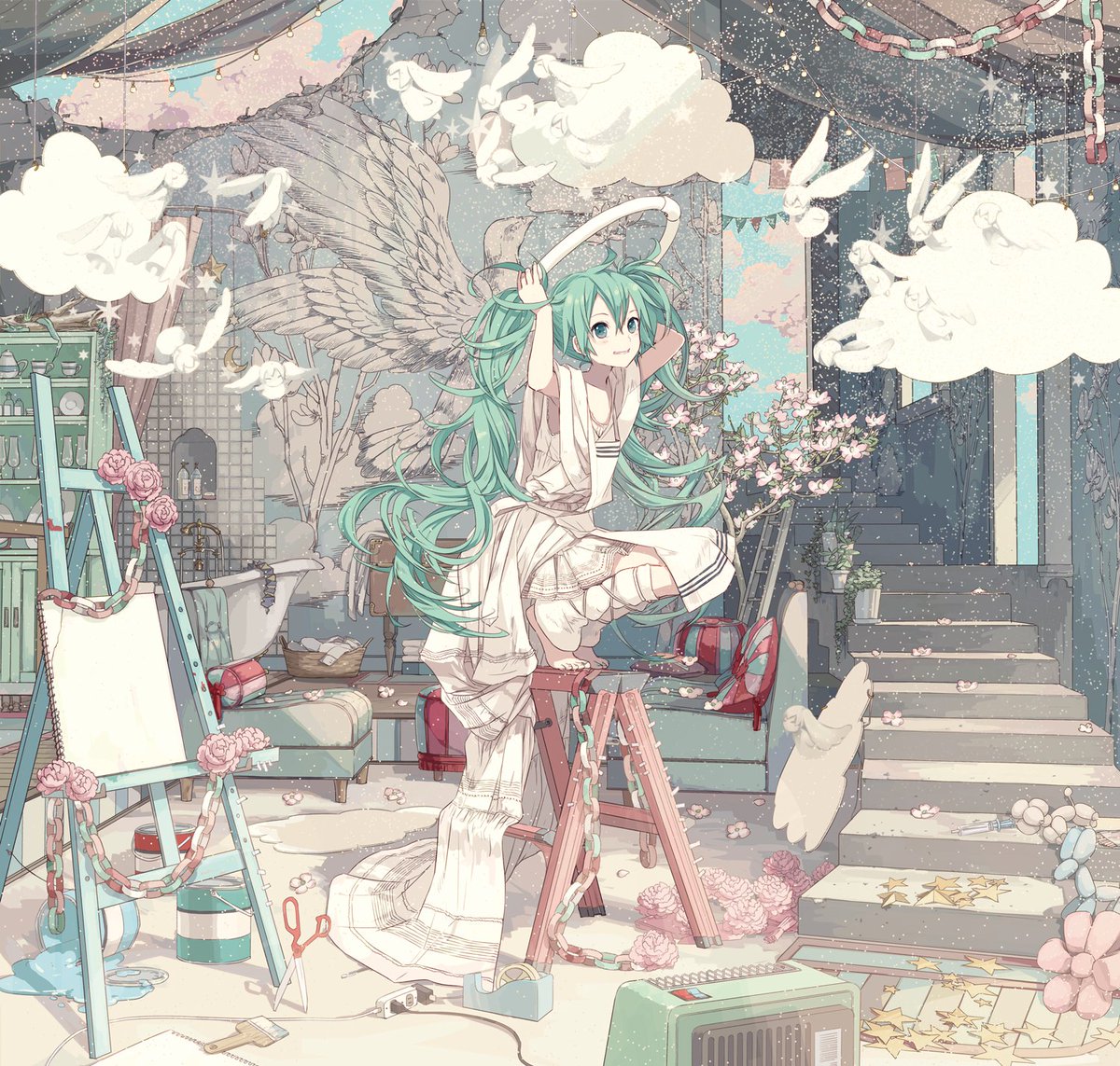 hatsune miku 1girl long hair solo wings angel wings flower pink flower  illustration images