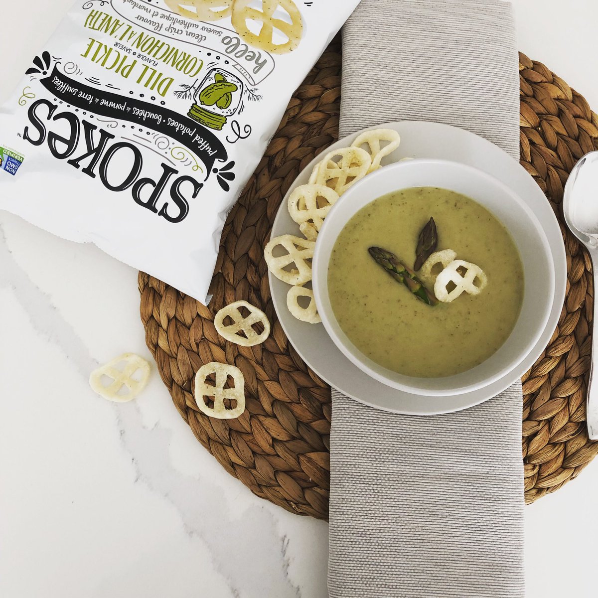 Have a souper Saturday everyone! We’re topping our vegan Asparagus soup with Dill Pickle SPOKES we picked up @denningersfoods #wishyoucouldtastethis #glutenfree #dairyfree #vegan #soupersaturday