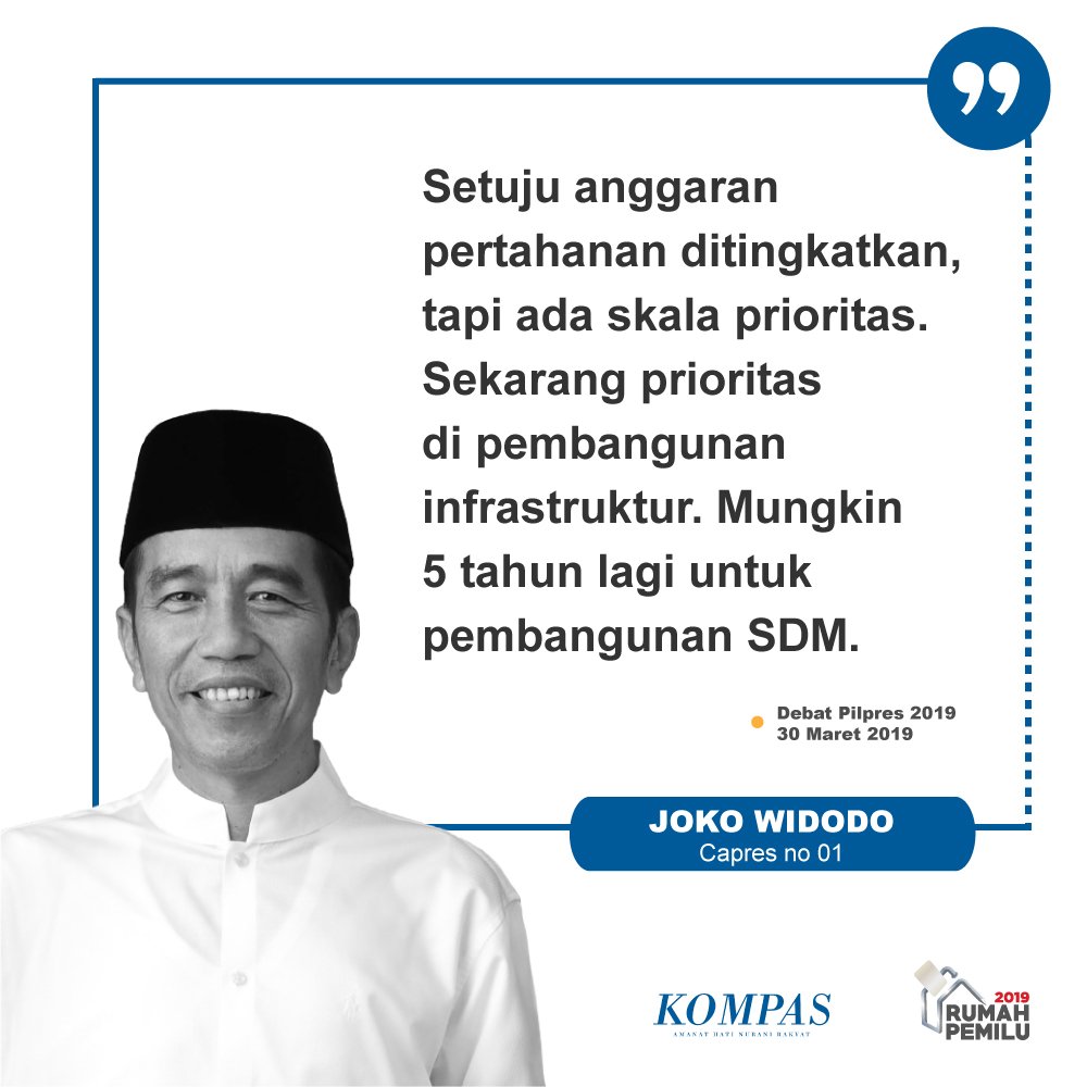 kompascom's tweet photo. "Setuju anggaran pertahanan ditingkatkan, tapi ada skala prioritas. Sekarang prioritas di pembangunan infrastruktur. Mungkin 5 tahun lagi untuk pembangunan SDM."- @Jokowi

#DebatCapres2019 #DebatPilpres2019 #RumahPemilu #KasihPilihan https://t.co/2MPdclQFKj