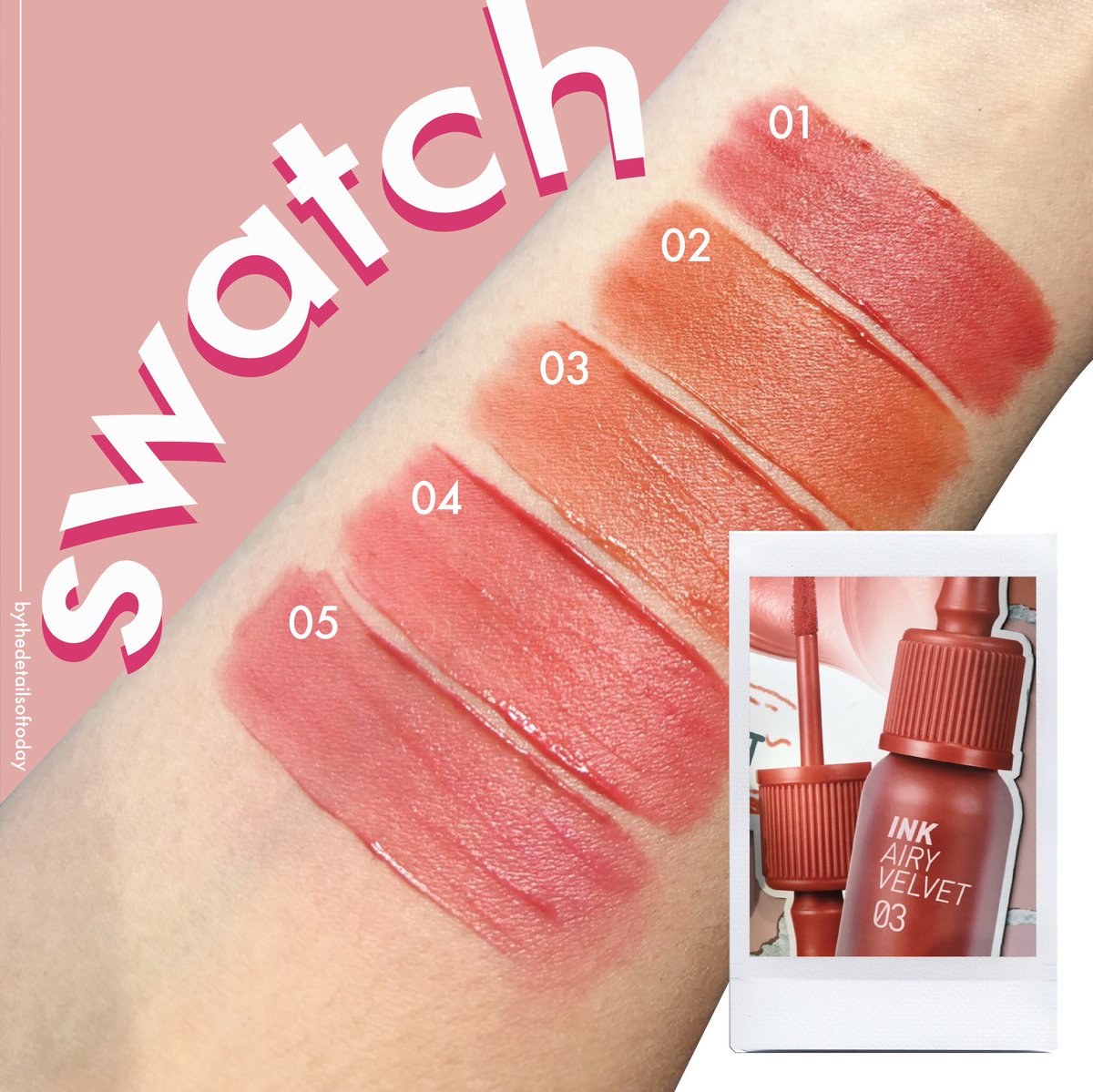 detailsoftoday's tweet photo. วันนี้น้ำมางานเปิดตัว periperaxbeautriam  ลิปรุ่น ink airy velvet ออกสีใหม่ แพคเกตดี! มินิมอลกว่าเดิม ✨
เอา swatch มาฝากกันน นี่ชอบ 03 มากกกกก เป็นส่วนผสมของ ชมพู+ส้ม เหมาะกับเป็น everydaylook ได้ หาซื้อได้ที่ @TheBeautrium น้า #ไว้รีวิวห้ามขายของโว้ยย #PeriperaxBeautrium https://t.co/l1DIDbhsiK