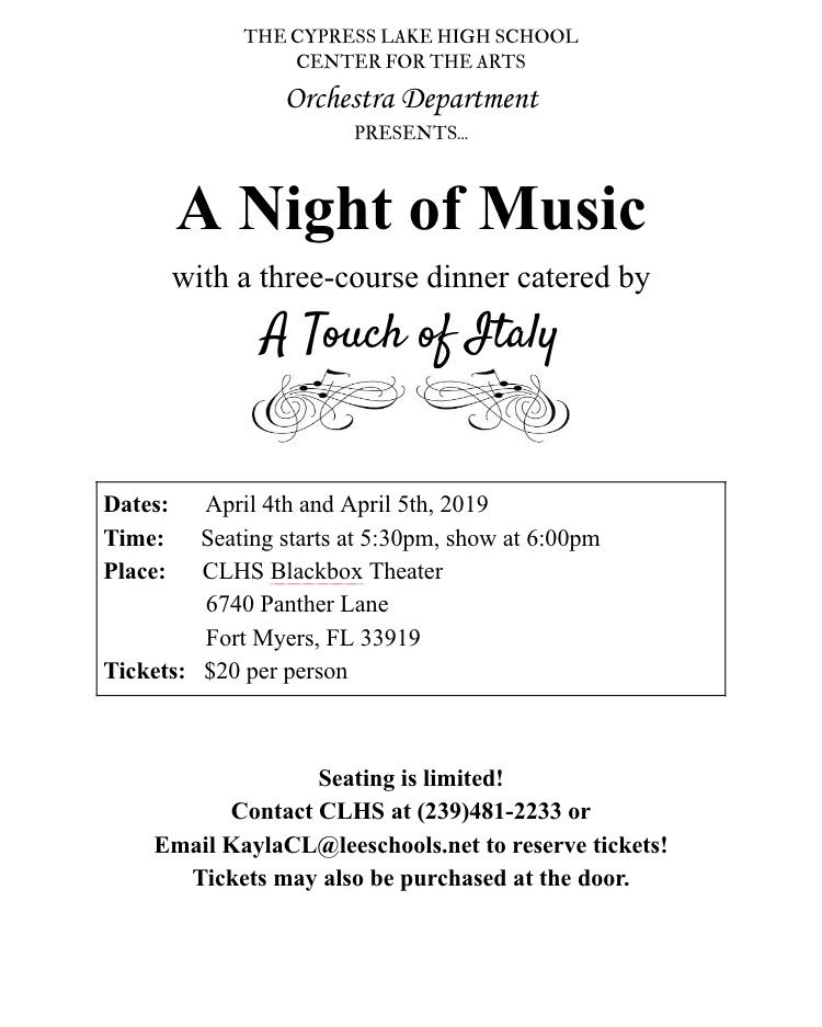 CypressStrings's tweet image. Need something to do on 4/4 or 4/5? Come check out our annual dinner show at 6pm either night!
Our students will be performing a variety of performances, including trios, quartets, and more!
Also, A Touch of Italy will be catering a 3-course meal.
$20 each, 3 y.o or younger free!