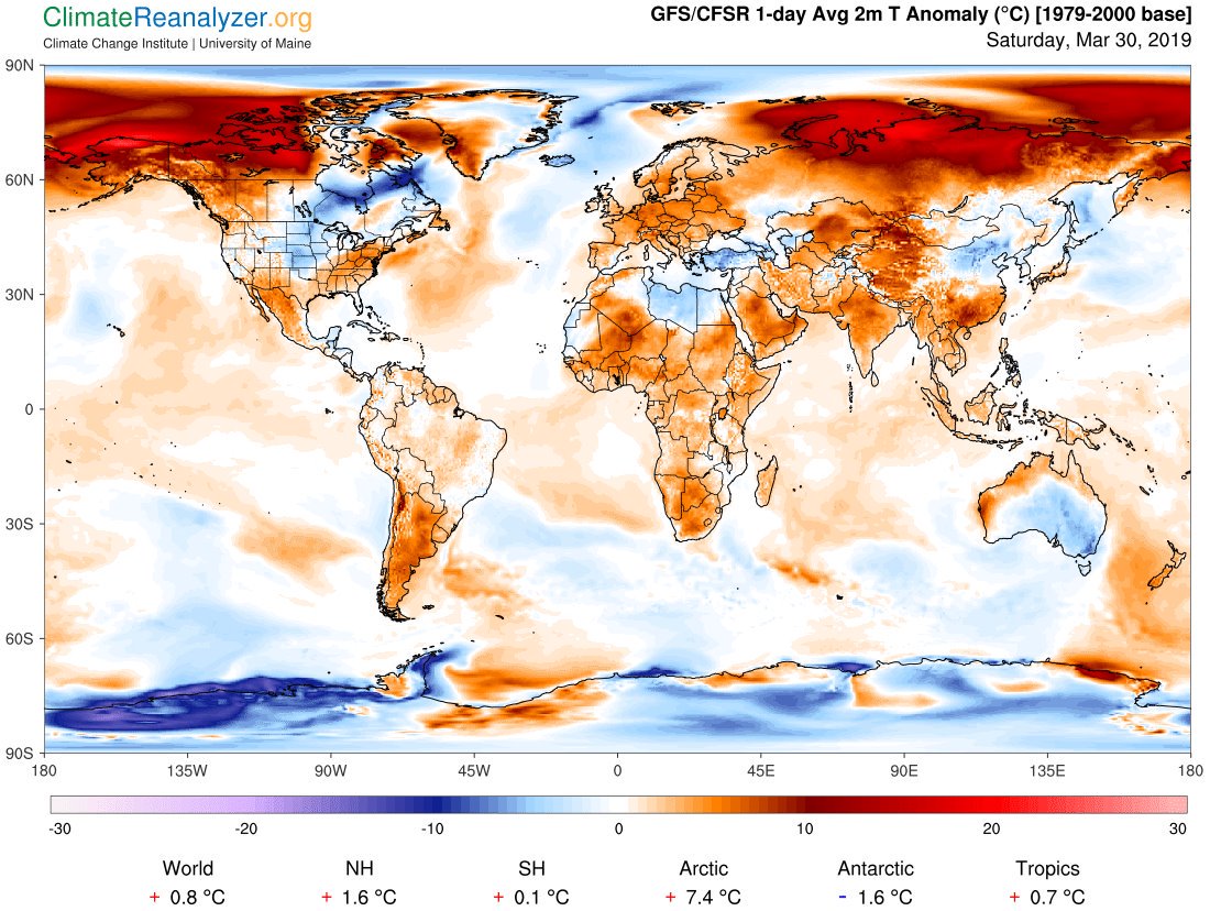 My jaw continues to drop. That "personal record" from the Arctic I reported yesterday at +7.1 C just warmed up today (Saturday) to +7.4 C. Again, I have never seen the Arctic this anomalously warm in March.   #LeadOnClimate <a href="/algore/">Al Gore</a> #ClimateChangeIsReal <a href="/AlexandriaV2005/">Alexandria Villaseñor</a>