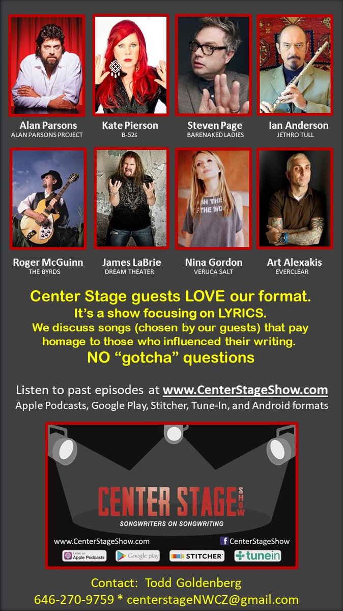 THIS WEEKEND, catch up on past episodes, at of the Podcast platforms below, or at CenterStageShow.com