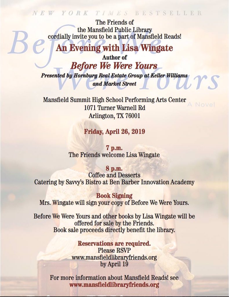 MansfieldTX_Lib's tweet photo. Seats are going fast! Reserve your spot at #MansfieldReads! Evening with @LisaWingate today! https://t.co/zxUSZutiYG