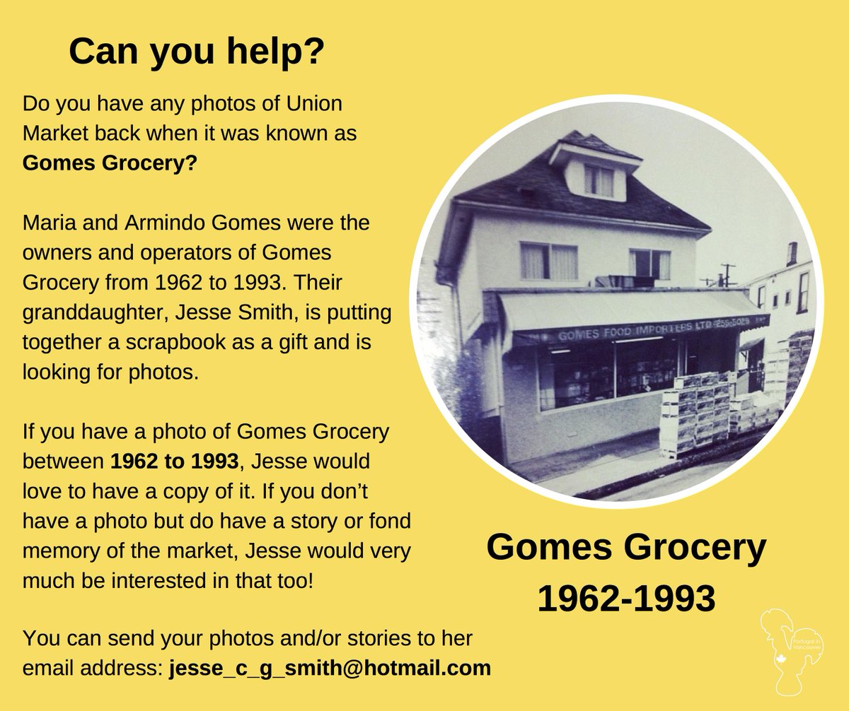 Can you help? Looking for photos of Gomes Grocery from 1962 to 1993. If you have any, please send them to: jesse_c_g_smith@hotmail.com and please share this post! Obrigada!
#GomesGrocery #UnionMarket #Vancouver  #VancouverPhotos #PortugalinVancouver
