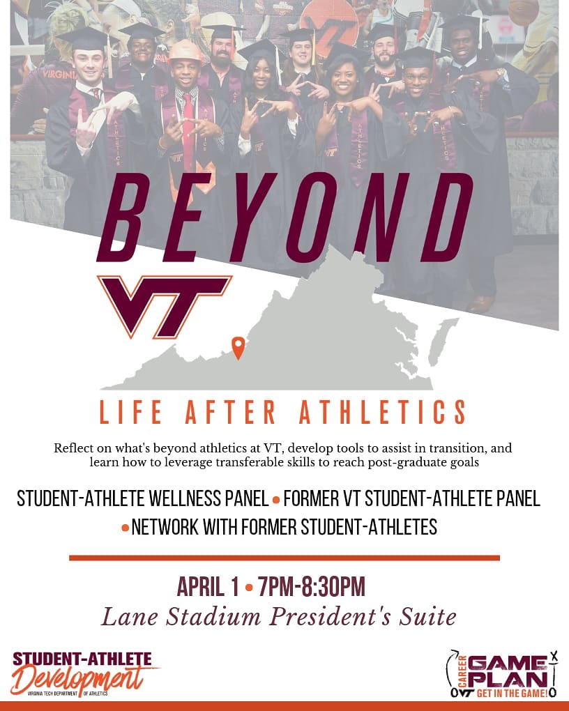 VTSADevelopment's tweet photo. Of the 400,000+ student-athletes, less than 2% go pro. What's your plan for #BeyondVT? Attend Monday's event & learn from former student-athletes who have been in your shoes on how they transitioned to life beyond athletics
https://t.co/EJX3D56yTe
@VTSAAC @VT_SAASS #VTGamePlan https://t.co/TqQH31acSk