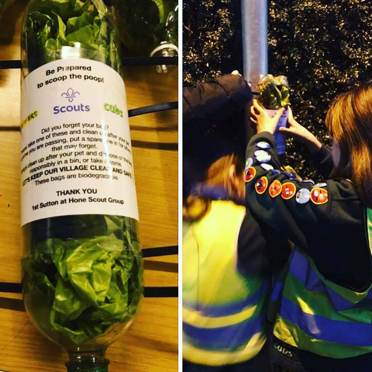 JCA_rchitects's tweet photo. A fantastic initiative by our local scout group in Sutton-at-Hone. Providing the local dog walkers with dog poop bags fixed to lampposts and poles in recycled plastic bottle dispensers. #Recycle #Dartford #dogwalking #environment #plasticpollution #scouts #cubs #community #dogs https://t.co/9vhqhzmc0j