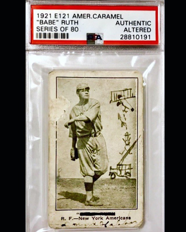 grahamelliot's tweet image. “1921 E121 American Babe Ruth” ~ question: do you think this card is cooler/better/more special due to the fact some kid drew on it nearly 100 years ago, or is it defaced and ruined? 🤔 #Baseball #BaseballCards #TheBabe #BabeRuth #TheBambino