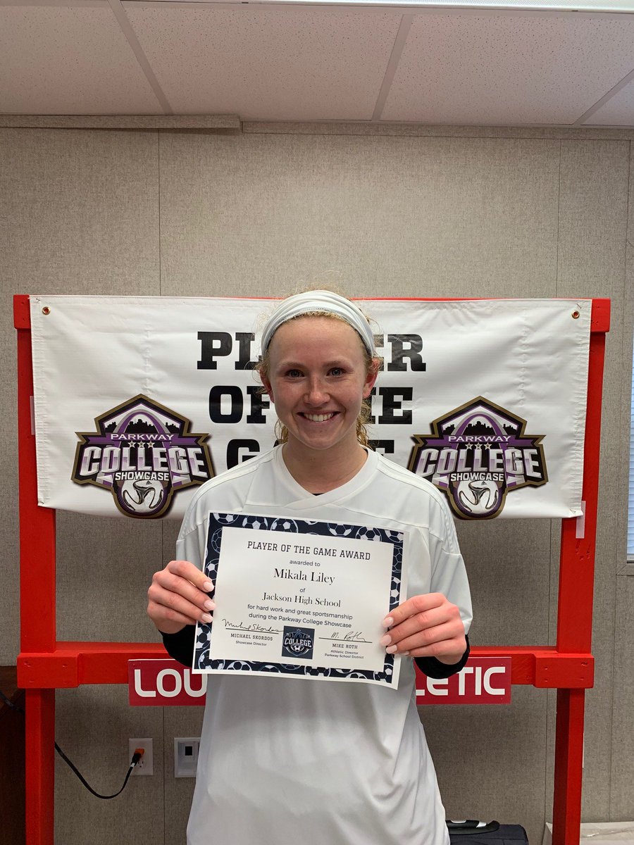 Congratulations to Mikala Liley of Jackson High School for being selected the player of the game vs Nixa on Saturday <a href="/pkwycshowcase/">Parkway College Showcase</a> 
#SoccerSTL #mosoccer #pkwyshowcase #618soccer #STLPreps