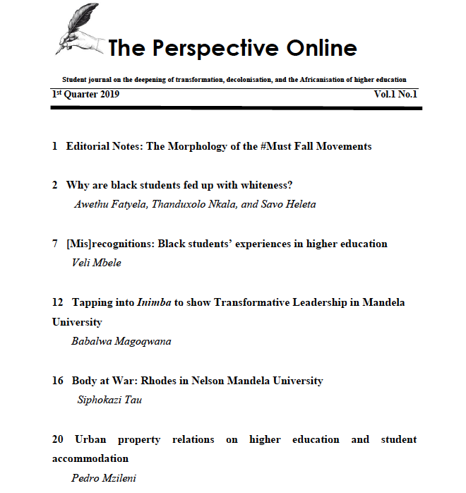 Savo_Heleta's tweet photo. It's great to see this important work by students at @MandelaUni. Well done @PedroMzileni for making 'The Perspective Online' journal happen. The first issue is titled 'The Morphology of the #MustFall Movement.' Available for download here https://t.co/91rXegiu3q #SouthAfrica https://t.co/zO2zvM4YAW