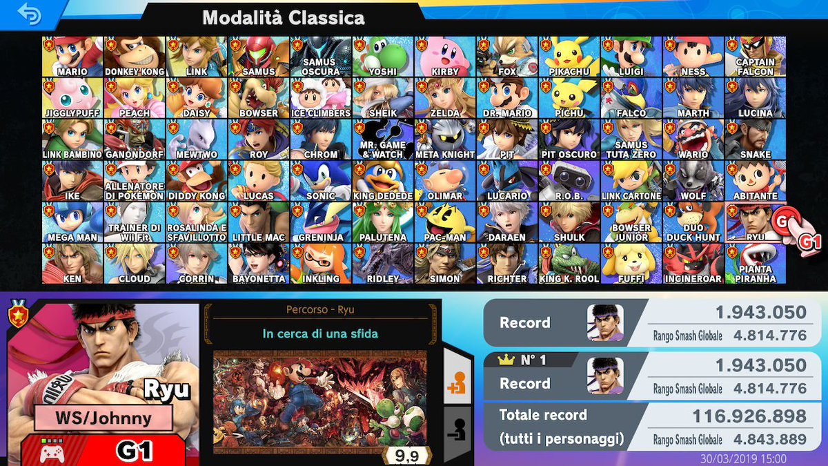 IlJohnny2's tweet photo. [100%] Super Smash Bros. Ultimate (2\2)

- 876/876 Songs.
- Classic Mode completed.
- 100-Man completed.

#SmashBros #NintendoSwitch https://t.co/gwU5xaQhOv