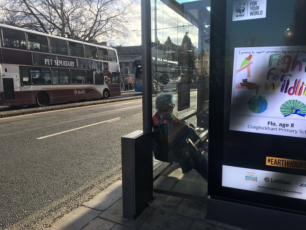 AbusRoyal's tweet photo. Being on the busiest street in @Edinburgh_CC has it draw backs. All the adverts block out splendid views of the bus stops. On this occasion R.S.A.A was blocked by @StephenKing and #earthhour don’t for get to seitch your lights off but don’t do it just before the clocks go forward https://t.co/x1D6wPWTIF