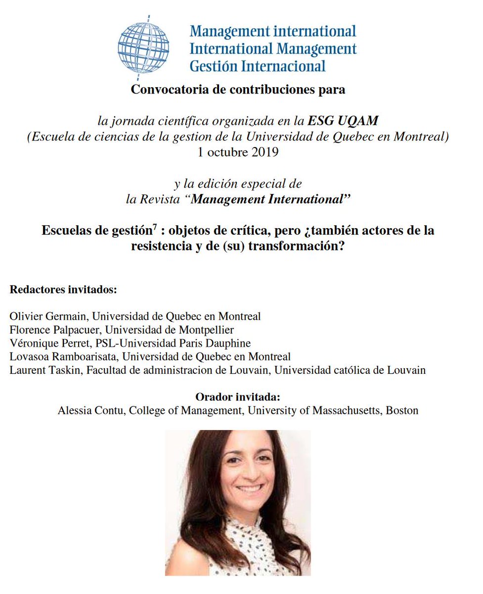 Business schools : object of criticism, yet actors of resistance and (their) change ? 

CfP (French, English, Spanish) &amp; Special issue 

Keynote speaker : @AlessiaContu3 (BostonU)

Deadline: 30 april - Workshop: 1 oct - SI : 30 nov

CMS.Ecoles@gmail.com

lnkd.in/enHkd49